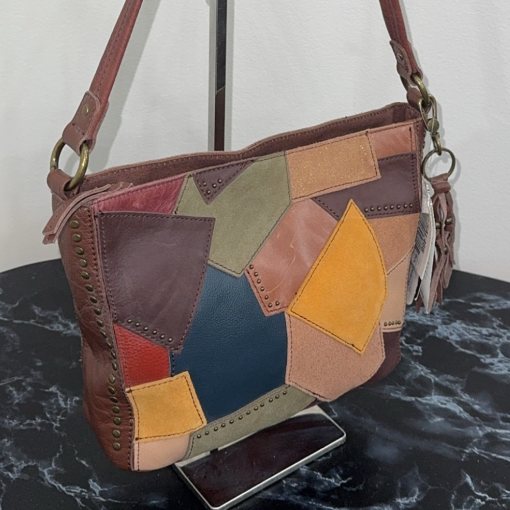 The SAK Brown Shoulder Bag Tote Multi-Patchwork Stud Indio Leather AUTHENTIC - Picture 5 of 13